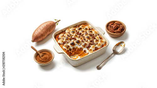Baked Sweet Potato Casserole, toasted marshmallow topping, pecans, ceramic dish, overhead flat lay, isolated on white background, delicious healthy side dish concept Thanksgiving