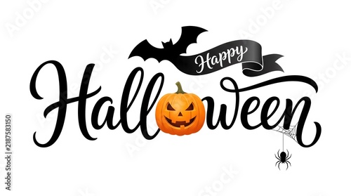 Happy Halloween typography design with a carved pumpkin and bat silhouette