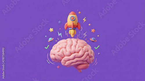 Creative brain with lightbulb idea illustration on purple background