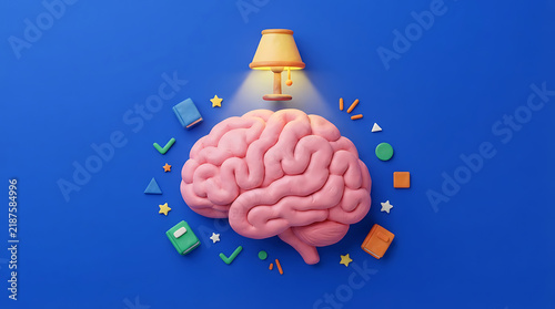 Creative brain illustration with colorful lights and thought bubbles in a vibrant blue space