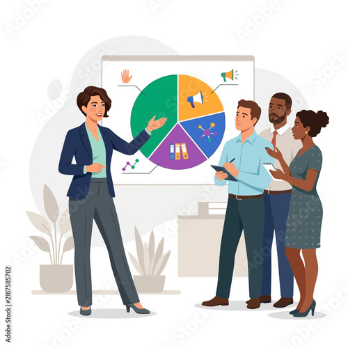 Diverse Business Team Discussing Pie Chart Presentation in Modern Office