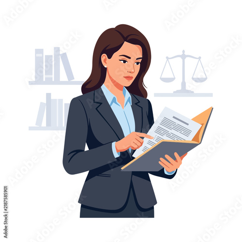 Professional woman in suit reading legal documents, scales of justice and bookshelf in background, vector illustration