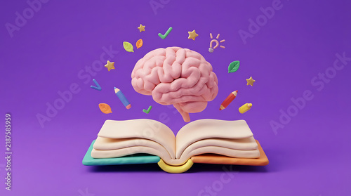 Creative brain thinking with an open book and colorful lights in a purple setting