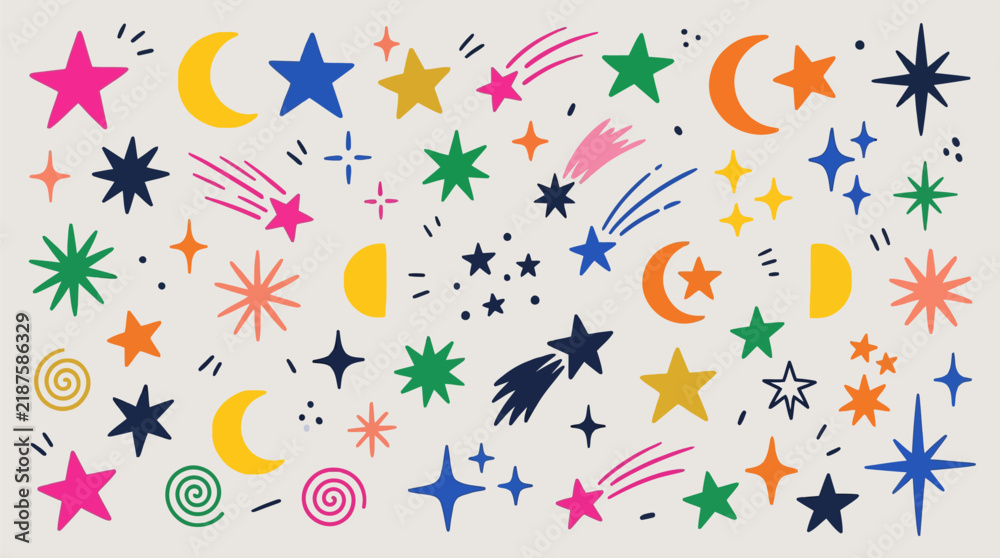Fototapeta premium Variety of hand drawn celestial shapes including stars and crescent moons and shooting stars in doodle style vector format isolated on a light cream background for creative design projects