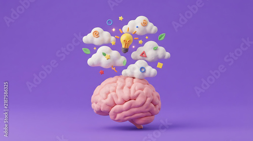 Creative brain with floating colorful clouds illustration in vibrant purple background
