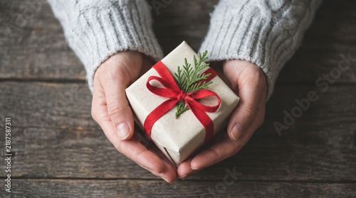 Hands holding a beautifully wrapped gift with a red ribbon and festive greenery