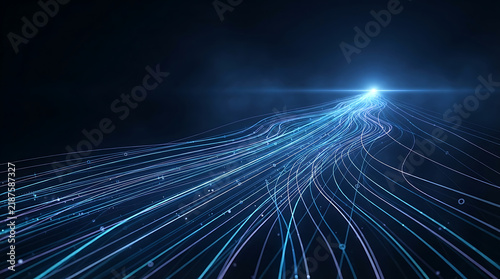 Blue light trails radiating from a bright point in dark space