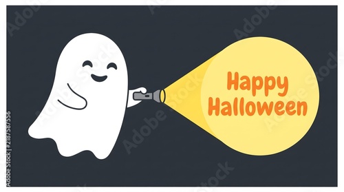 Cute cartoon ghost holding a flashlight with Happy Halloween text projection