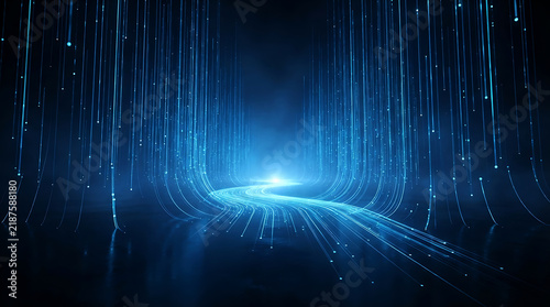 Mysterious blue light beam shining through dark forest trees at night