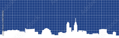 Blueprint technical grid drawing of a white minimalist skyline poster panorama of PHILADELPHIA, UNITED STATES