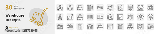 Thirty line art vector icons representing warehouse logistics and distribution concepts with shipping symbols