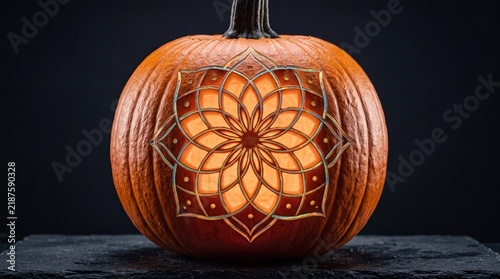 Fototapeta Intricate glowing mandala carved pumpkin on dark background
