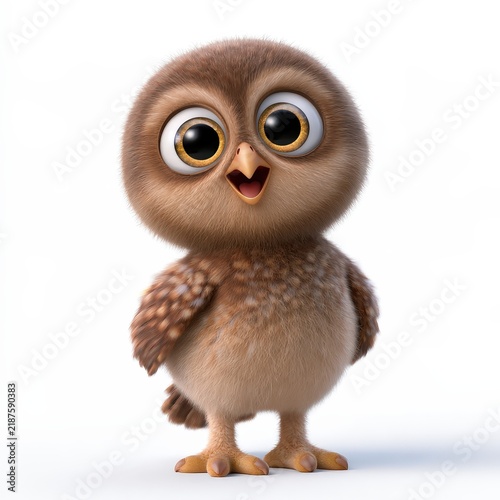 Adorable Owl Character with Big Eyes and Open Mouth Standing on One Leg