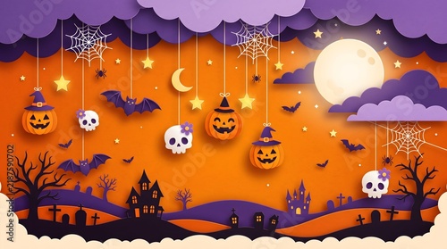 Paper craft Halloween background with hanging pumpkins and skulls at night