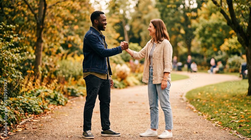 Obraz premium Diverse couple shares a friendly handshake in a park during autumn