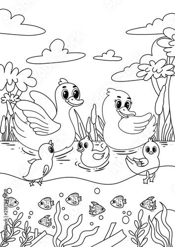 Obraz na płótnie Cute coloring page featuring an illustration of a family of ducks and their duck