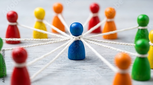 Colorful wooden pawn figures connected by white strings in a central network pattern representing teamwork cooperation and community relations.