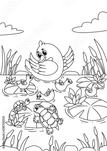 Fotografie Cute illustration of a mother duck and her ducklings playing in a lush, bustling