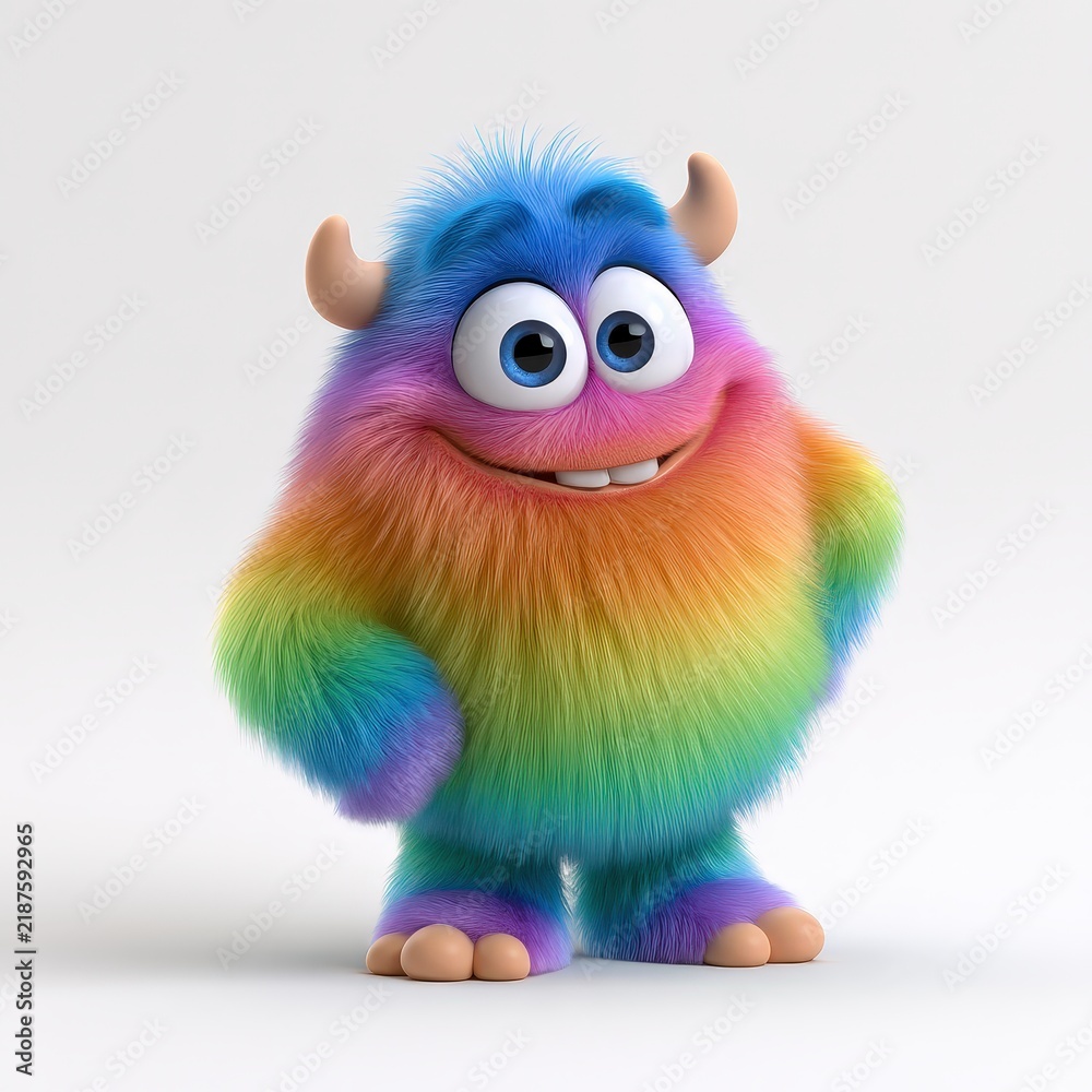 Fototapeta premium Colorful Multi-Colored Stuffed Monster Toy with Horns and Big Eyes