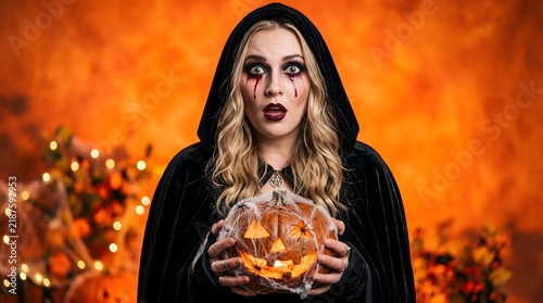 Young woman in witch costume holding a glowing jack-o-lantern for Halloween