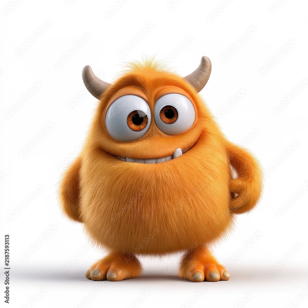 Obraz premium Friendly Monster Character with Horns and Big Eyes Standing on White Background