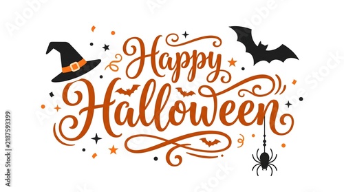 Happy Halloween hand lettering typography with witch hat and bat icons