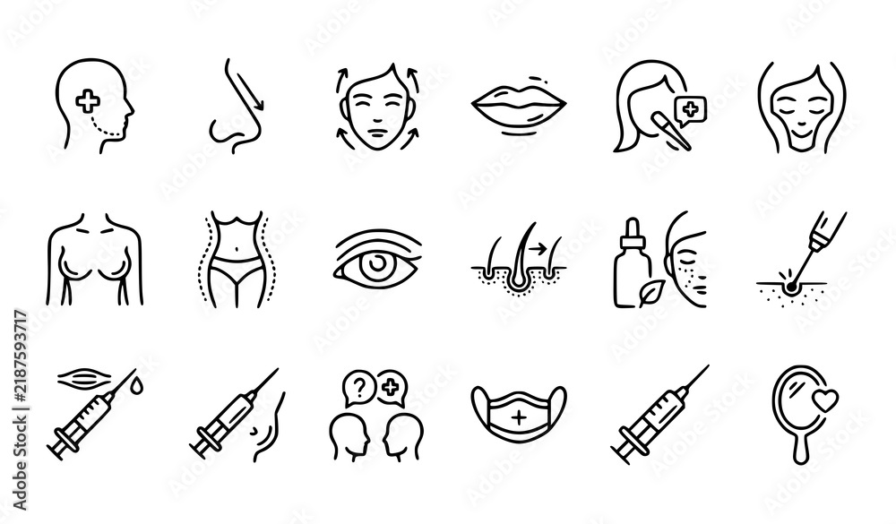 Fototapeta premium Plastic Surgery and Cosmetic Dermatology Line Icon Set Featuring Face Lift, Botox Injections, Rhinoplasty, Lip Fillers, Laser Treatment, and Body Contouring Symbols for Clinic Designs
