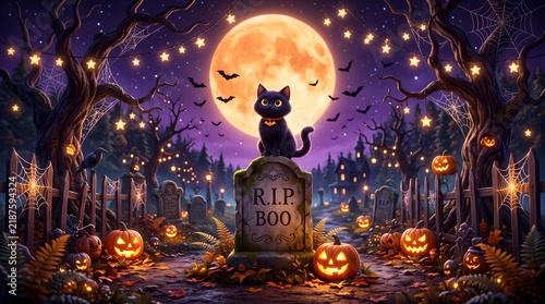Black cat sitting on a tombstone in a spooky graveyard at Halloween night