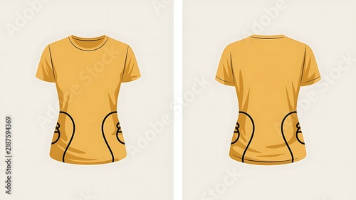 Minimalist, black-and-white characters with yellow women t shirt mockup front and back views on white background