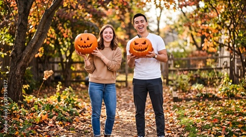Young couple holding carved jack-o-lanterns in an autumn park with fall foliage
