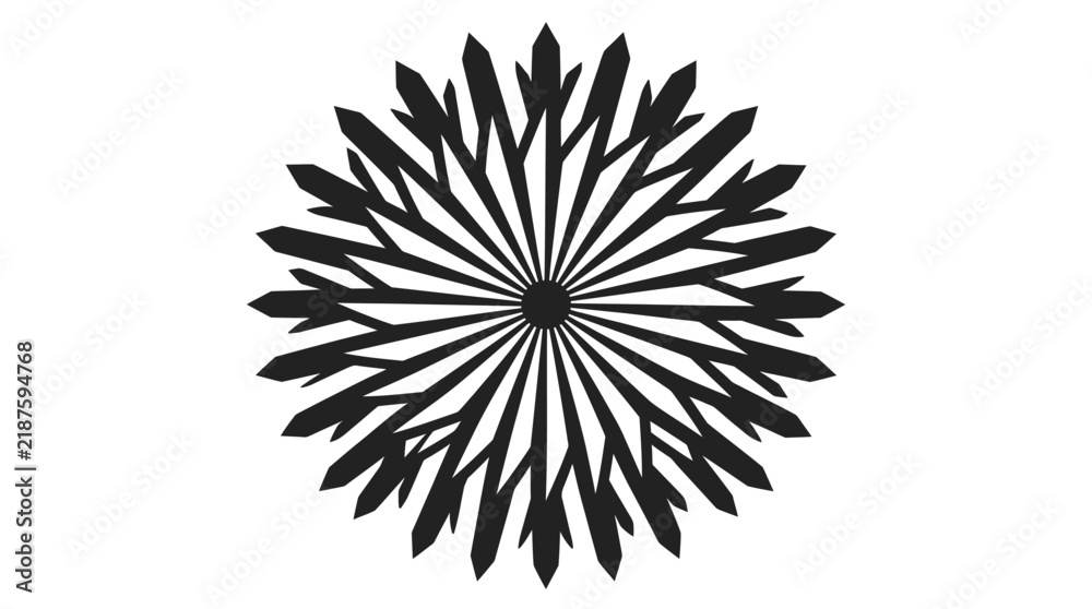 Obraz premium A striking black and white abstract snowflake pattern with intricate radial symmetry, resembling a starburst or a stylized flower.