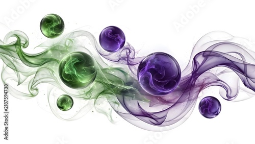 Abstract Halloween Fluid Motion Design with Toxic Green Smoky Swirls and Deep Violet Spheres Isolated on White Background Vector Art
