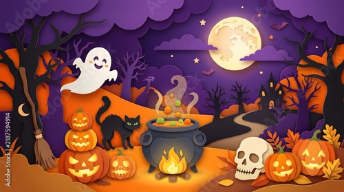 Halloween paper craft landscape with a ghost, pumpkins, and a witch cauldron