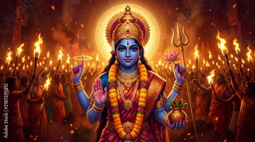 Focus on the intricately decorated idols of Goddess Ganga being worshipped during the Dussehra celebrations.