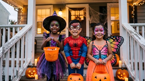 Three children in Halloween costumes holding candy buckets on a house porch