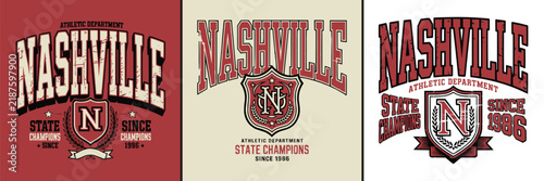 Nashville typography designs featuring vintage athletic collegiate style text and emblems