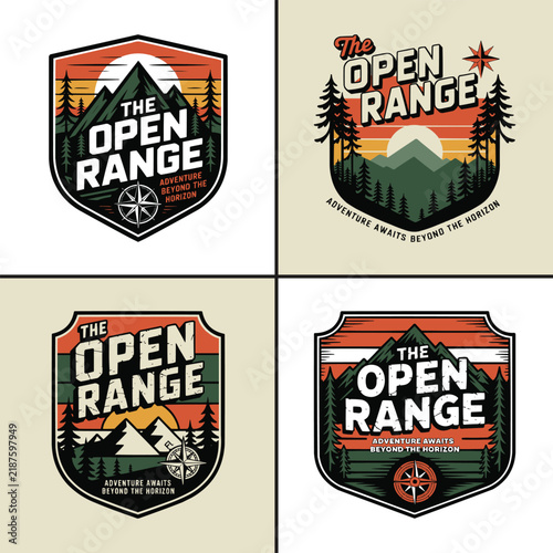 Vintage pixel art style mountain badges with outdoor adventure text elements