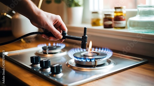 A close-up photograph of a gas stove burner being ignited with a long reach utility lighter in a modern kitchen setting