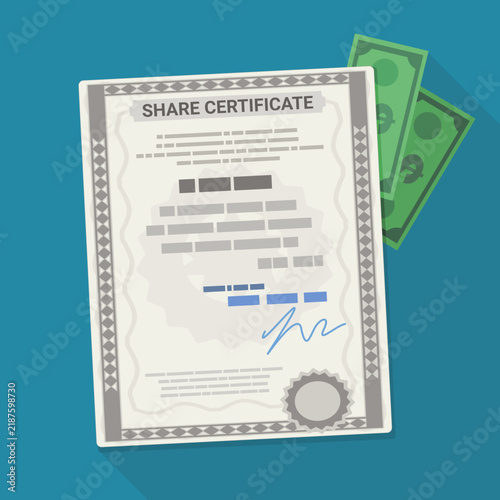 Obraz na płótnie Stock share certificate with cash money banknotes, symbolizing capital investment, corporate equity dividends, and shareholder return on investment.
