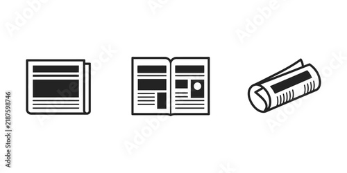 Set of black and white newspaper icons in different layouts representing daily press and journalism