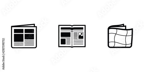 Set of black and white newspaper and document icons isolated on white background