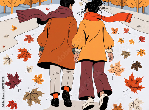 A young couple strolling through the park amid the autumn leaves. View from behind