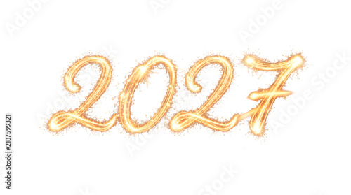 2027 new year celebration text made of golden sparkler light isolated on transparent background