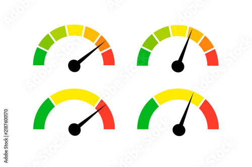 Speedometer gauge meter icons. Vector scale, level of performance. Speed indicator .Infographic of risk, gauge, score progress.