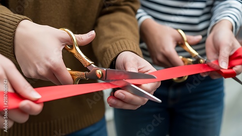 A close up product photograph of a modern grand opening event ceremony with people cutting a red silk ribbon with golden scissors