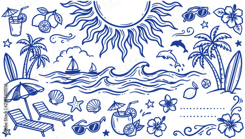 фотографія Tropical doodles portraying sun and waves rendered as a blue ink sketch on clean white background