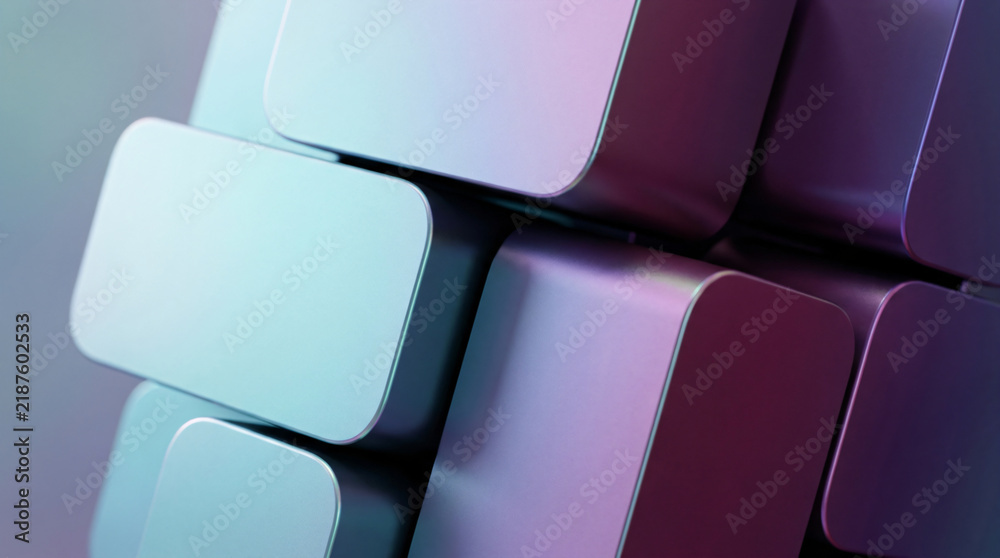 Fototapeta premium Abstract 3D geometric background with rounded cubes | Futuristic teal and purple gradient metallic composition | Modern minimalist digital art for tech wallpaper