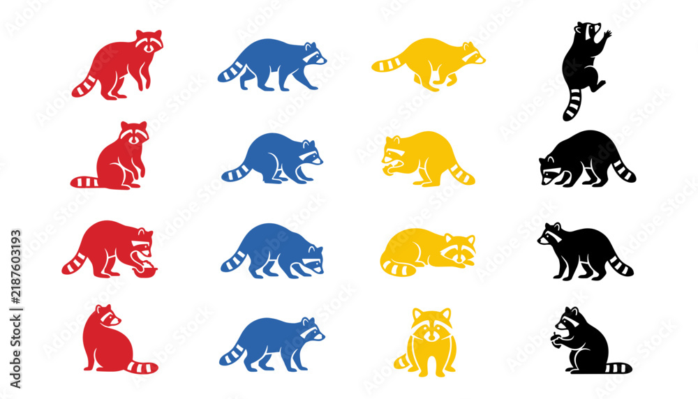 Obraz premium Raccoon Silhouette Set Banded Tail Poses Vector Collection Mascot Logo Icon Set