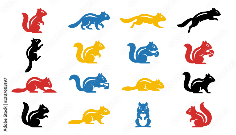 Obraz premium Chipmunk Silhouette Set Striped Squirrel Poses Vector Collection Mascot Logo Icon Set