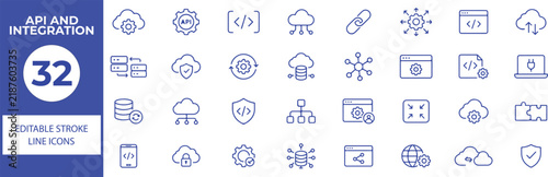 32 API and Integration Vector Outline Icons Set,Cloud Computing, Web Development, Database, Software, Network and Technology Line Symbols Collection